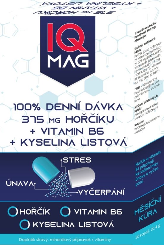 IQ Mag hořčík 375 mg + B6 + kys.listová kapsle 30 cps